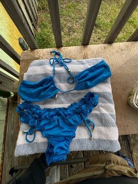 Sommer Swim Blue Ruffled String Bikini Set